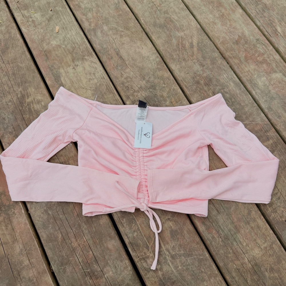 Windsor Pink Ribbed Off The Shoulder Ruched Crop Top NWT Long Sleeve Size Small
